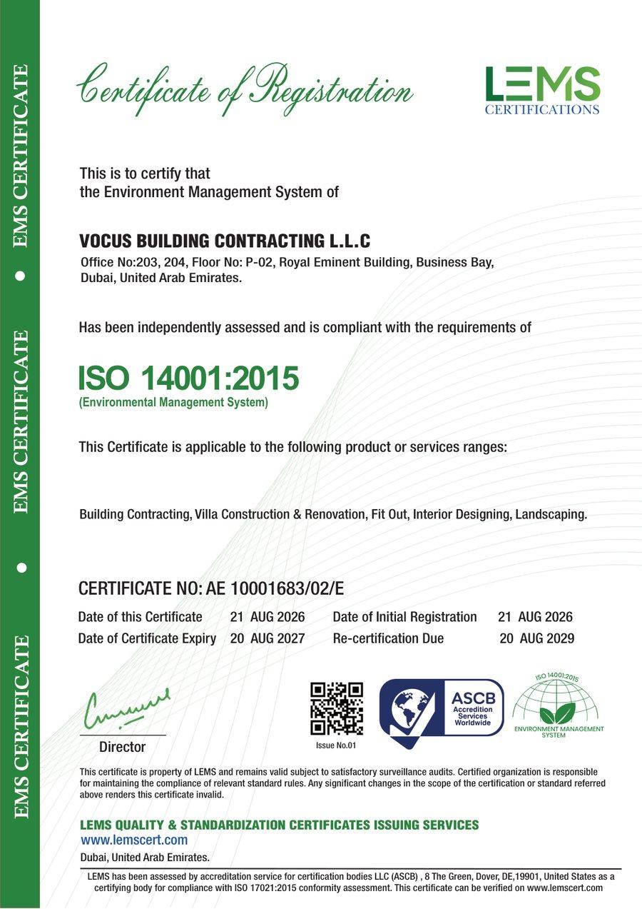 ISO 14001:2015 certificate of registration issued to Vocus Building Contracting L.L.C, certificate number AE 10001683/02/E