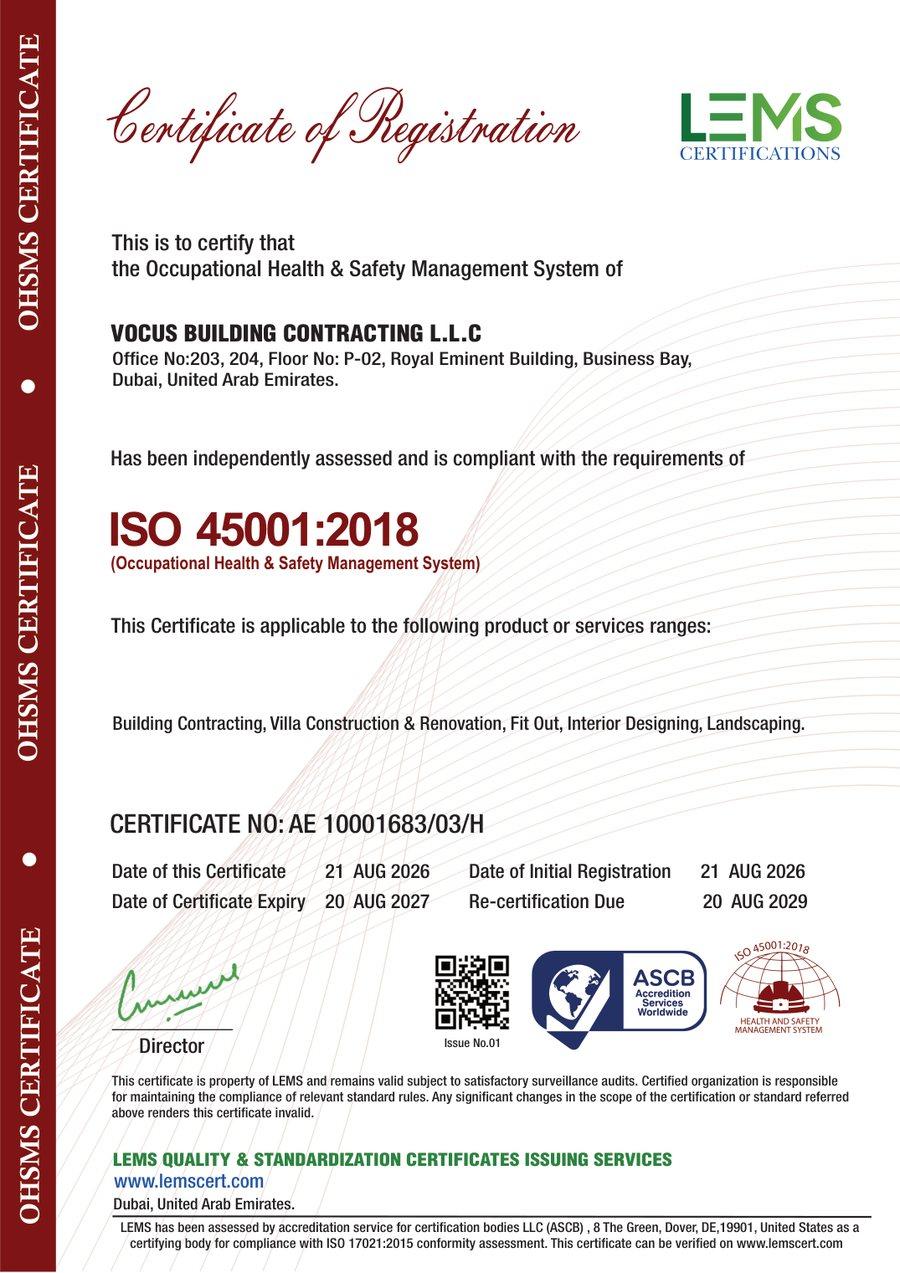 ISO 45001:2018 certificate of registration issued to Vocus Building Contracting L.L.C, certificate number AE 10001683/03/H