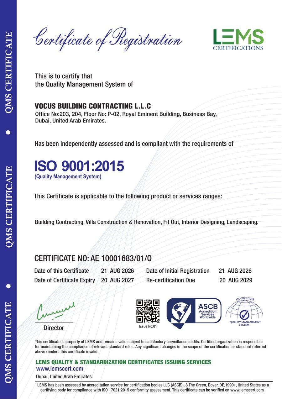 ISO 9001:2015 certificate of registration issued to Vocus Building Contracting L.L.C, certificate number AE 10001683/01/Q