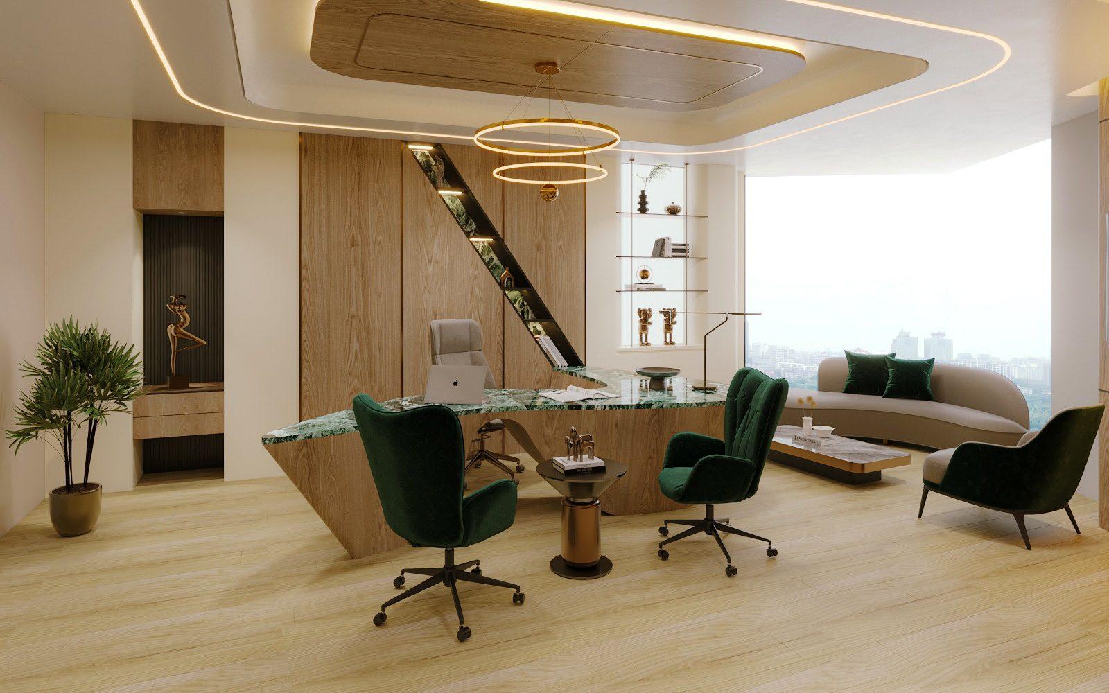 Executive office interior visualisation — timber panelling, stone desk and lounge seating, Dubai