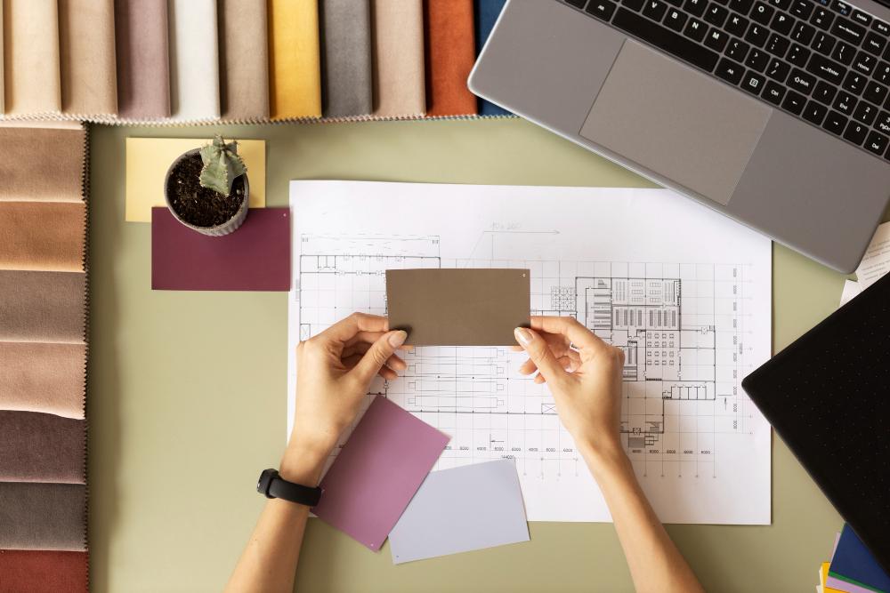 Interior designer comparing material and fabric samples against a floor plan while selecting finishes for a Dubai project