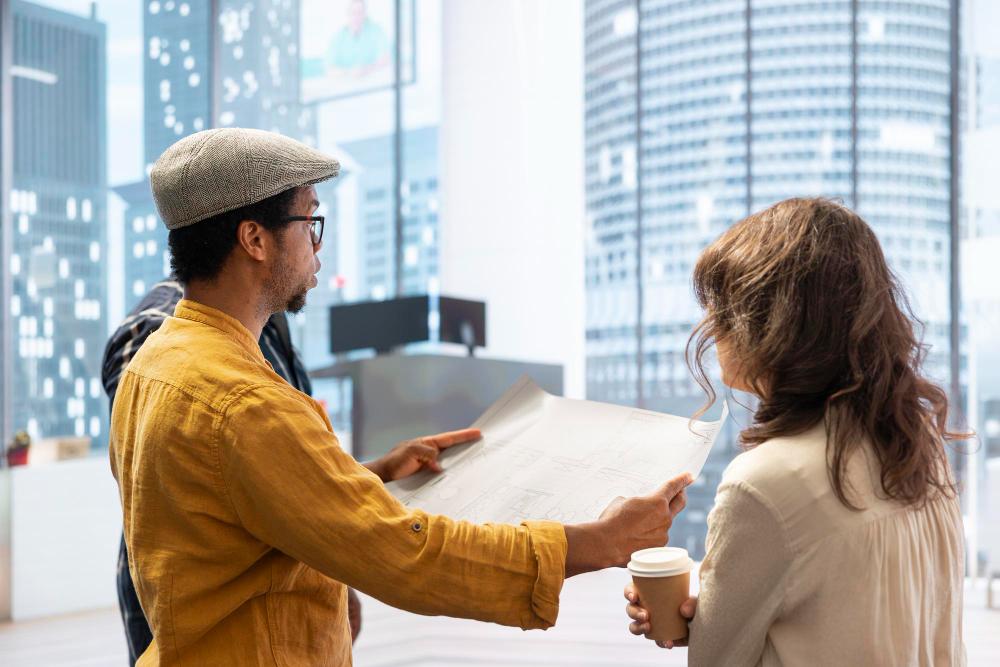 Two consultants reviewing fit-out drawings in a Dubai office tower ahead of an authority submission