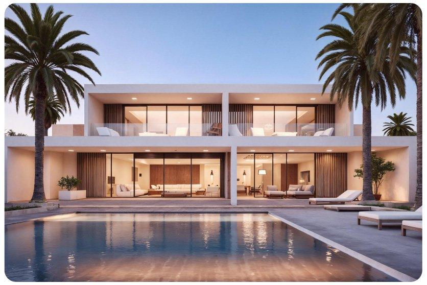 Contemporary Dubai villa at dusk with pool and terrace — the type of property requiring municipality renovation permits