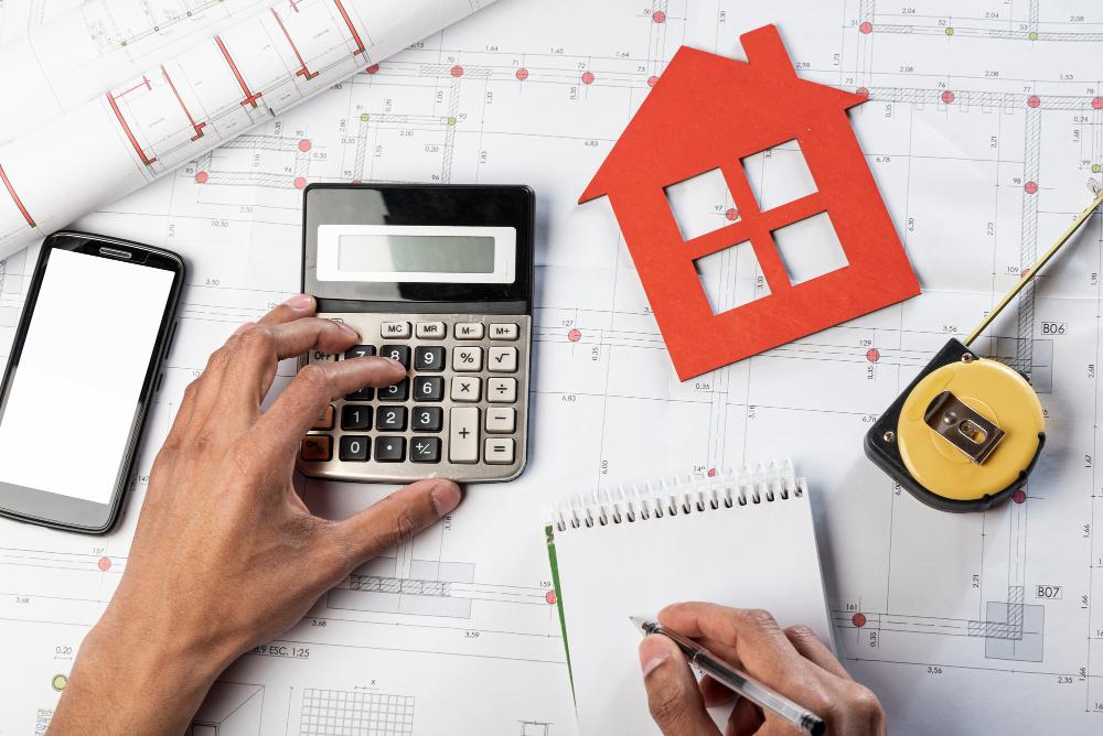 Cost planning for a villa renovation — calculator, tape measure and notes laid over architectural drawings