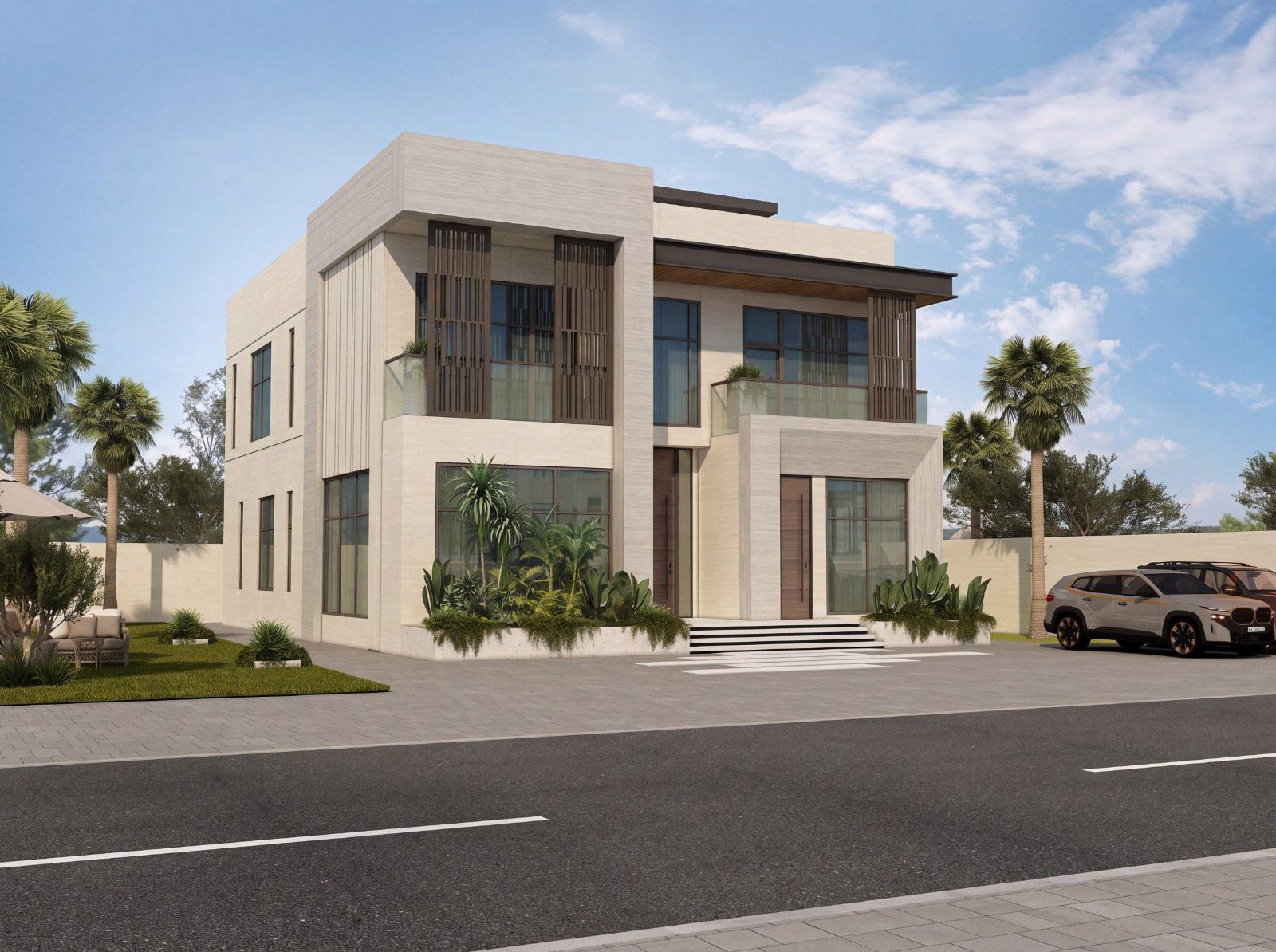 Approved design visualisation for the private Ground + 2 villa under construction at Al Aweer First, Dubai — street elevation, by Vocus Design & Build
