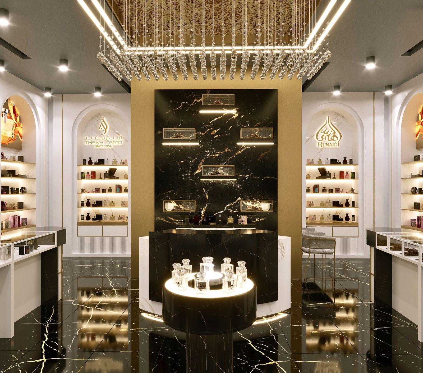 Illuminated retail display joinery and marble counters inside Al Hunaidi Perfumes, Deira City Centre, Dubai