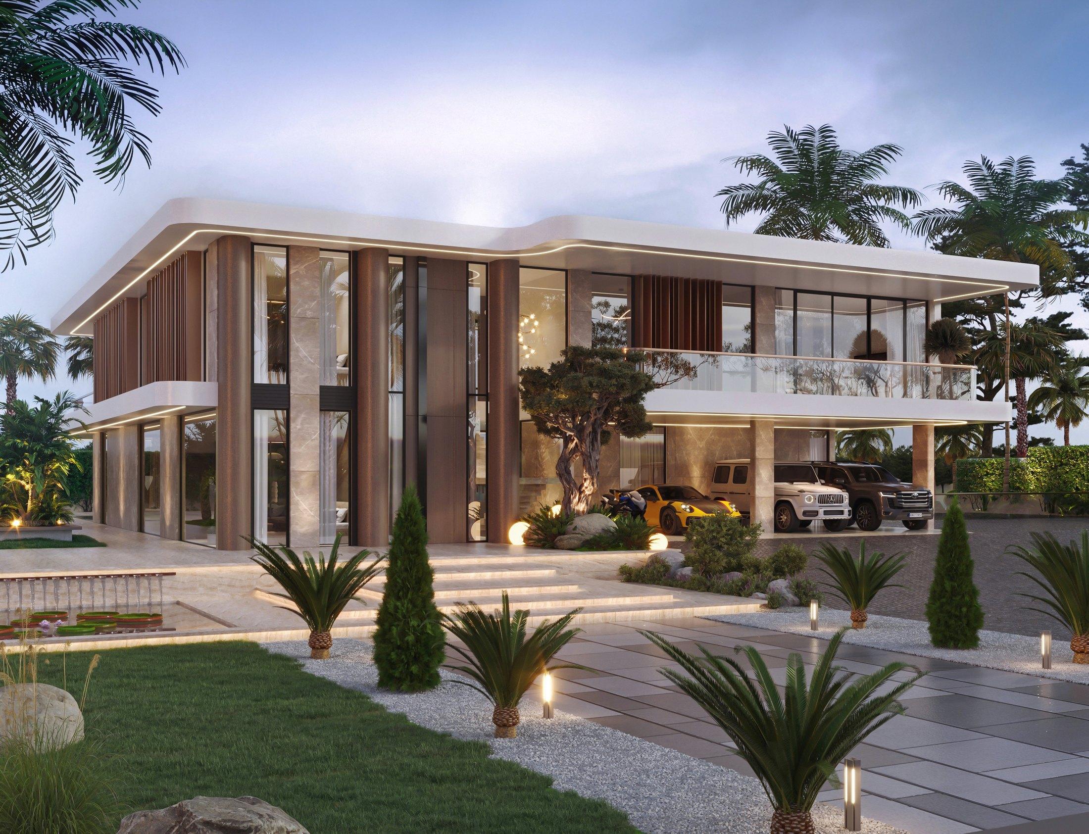Contemporary villa concept, Dubai — floating curved roof planes, travertine and bronze fins with a lit entrance court at dusk