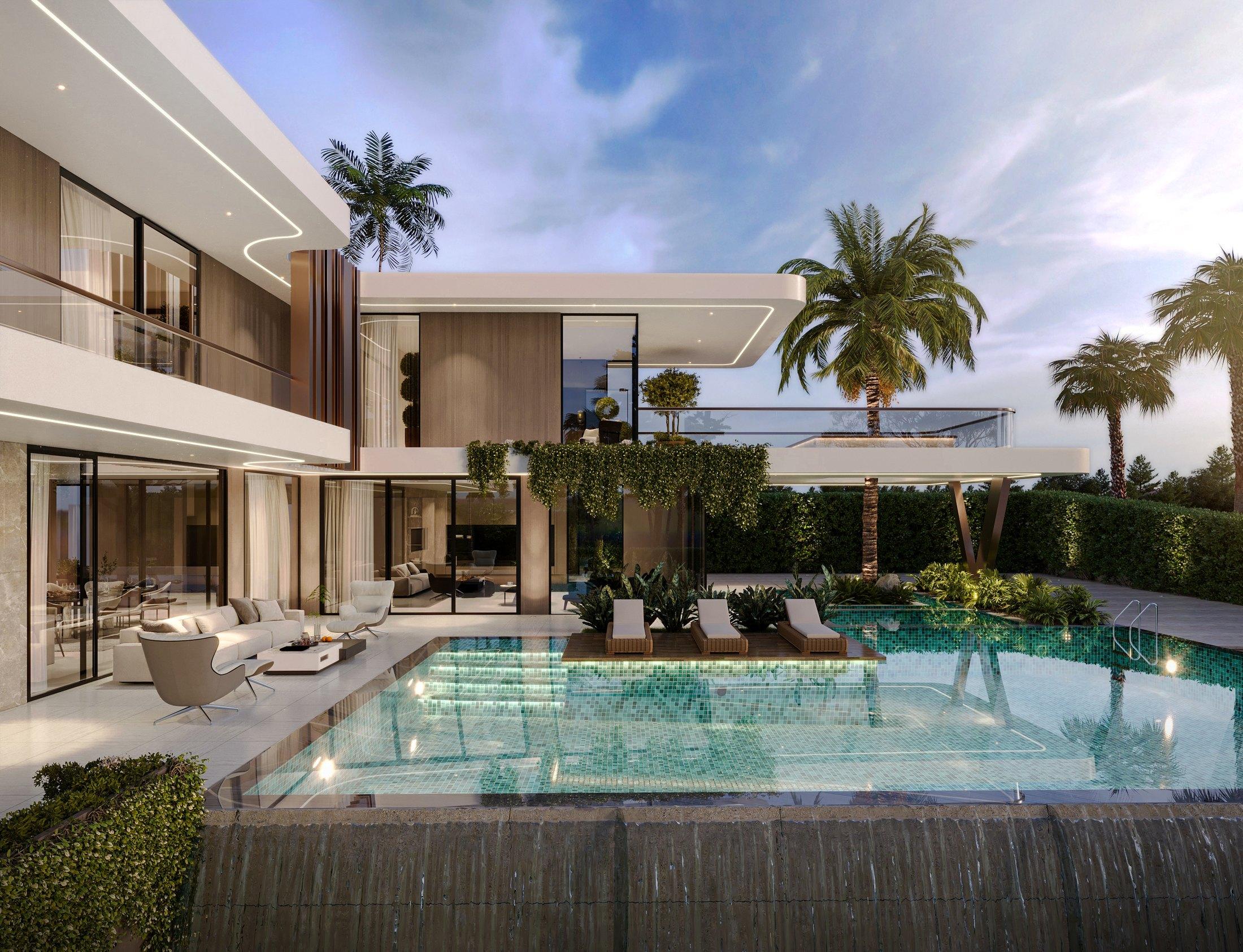 Architectural visualisation of a contemporary Dubai villa at dusk — floating roof planes, full-height glazing and an infinity pool