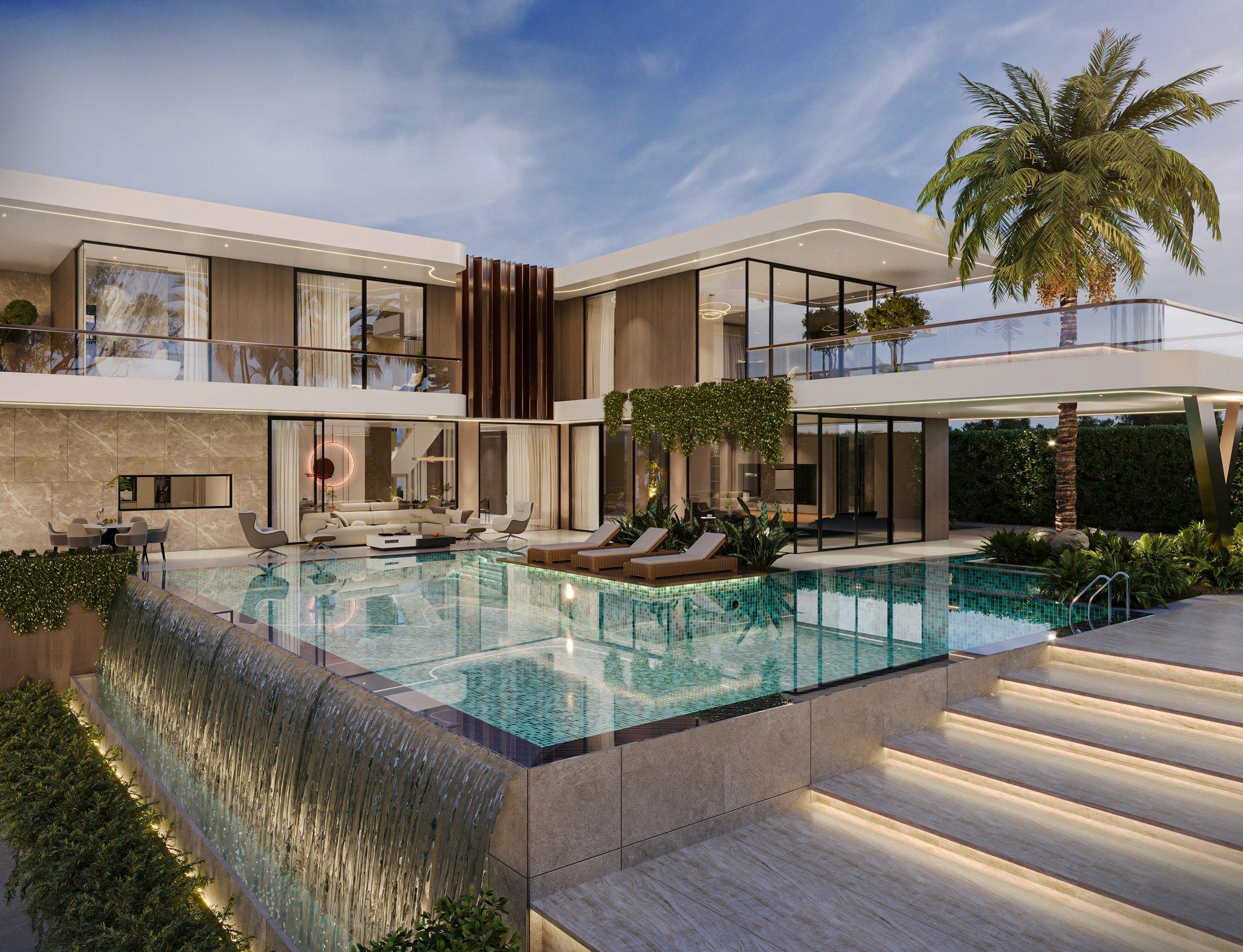 Contemporary villa concept, Dubai — infinity pool and waterfall wall spilling to the lower terrace (view 3)