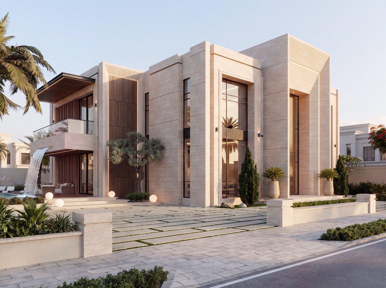 Architectural visualisation of a contemporary travertine villa with recessed portal entrance, Dubai