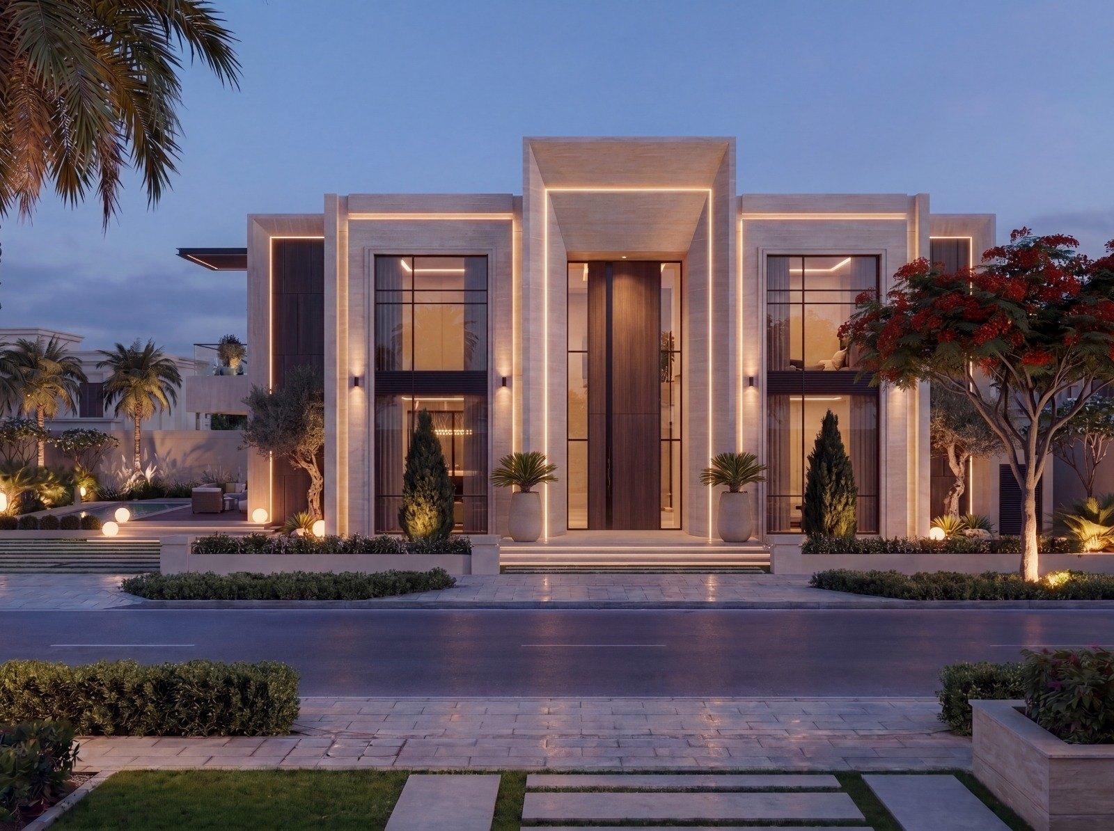 Contemporary Arabic villa concept, Dubai — entrance portal lit at dusk by integrated cove lighting (view 2)