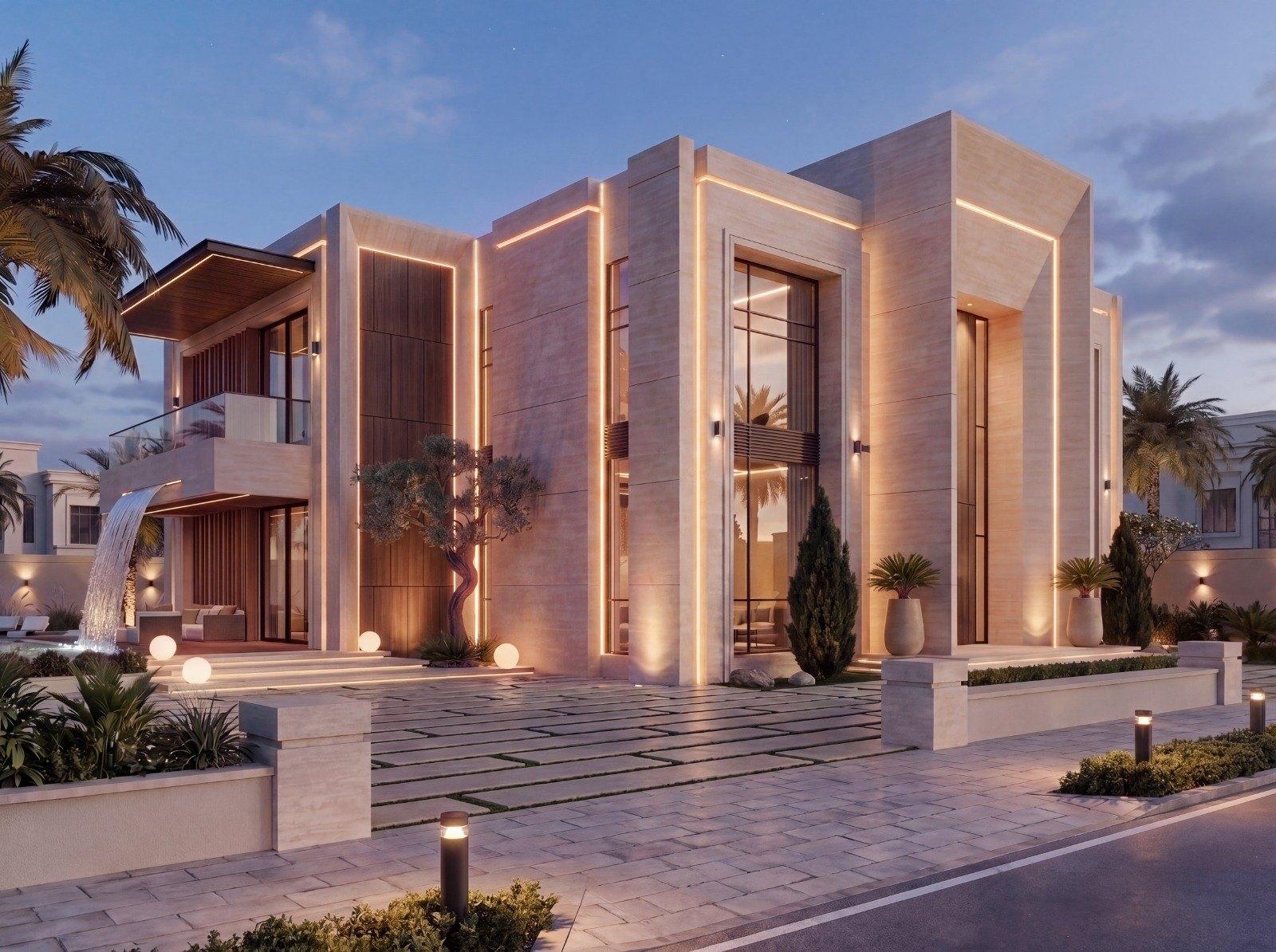 Contemporary Arabic villa concept, Dubai — corner elevation with facade lighting at dusk (view 3)