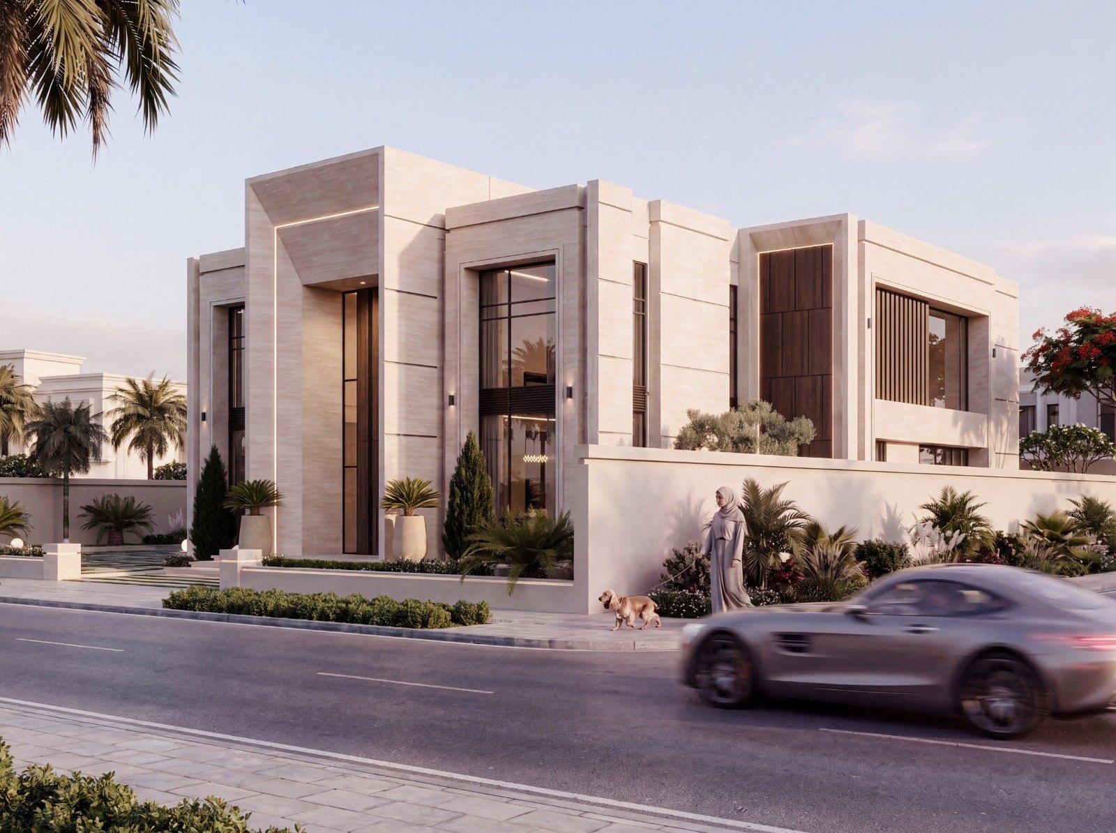 Contemporary Arabic villa concept, Dubai — street corner view with boundary wall and planting (view 4)