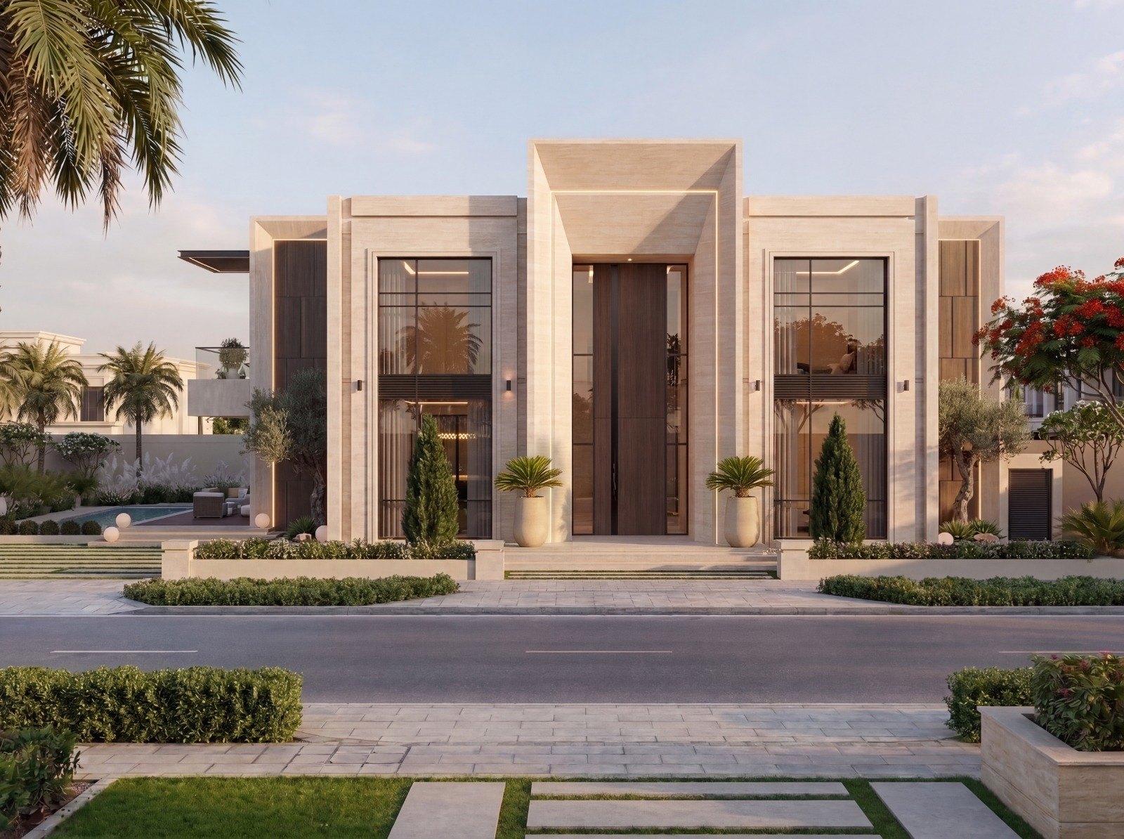 Contemporary Arabic villa concept, Dubai — symmetrical entrance with full-height glazing and timber door (view 5)
