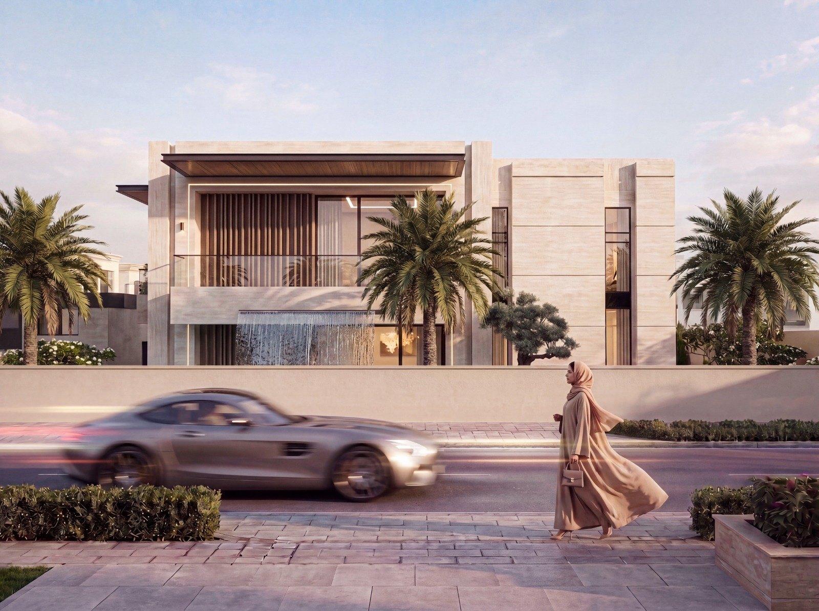 Contemporary Arabic villa concept, Dubai — street elevation with first-floor terrace waterfall (view 6)