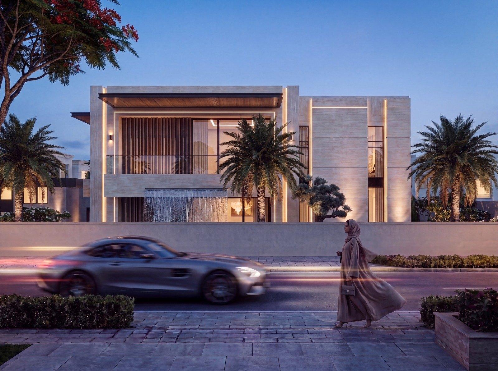 Contemporary Arabic villa concept, Dubai — street elevation at dusk with bronze fins and palm planting (view 7)