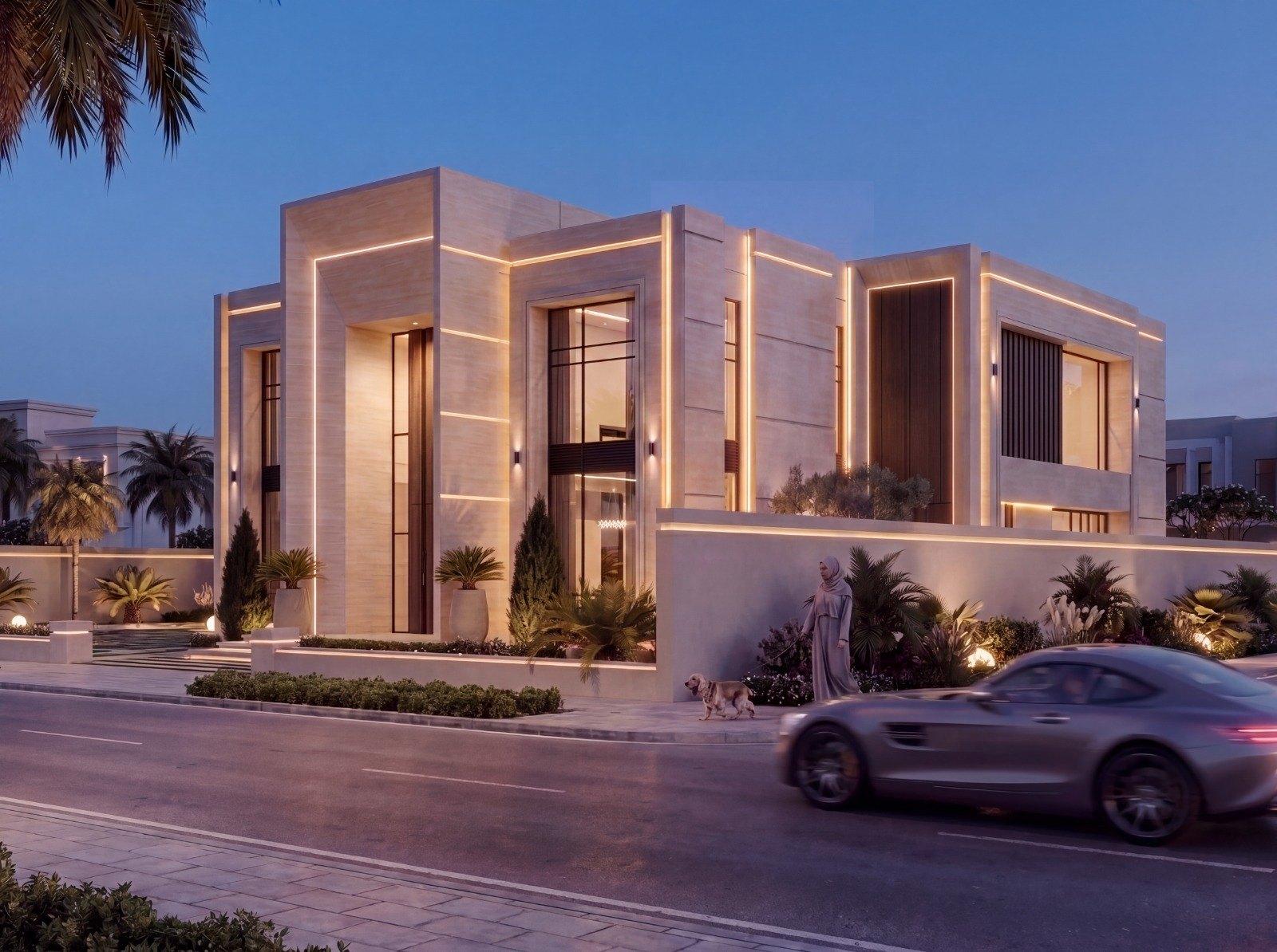 Contemporary Arabic villa concept, Dubai — corner elevation at blue hour (view 8)