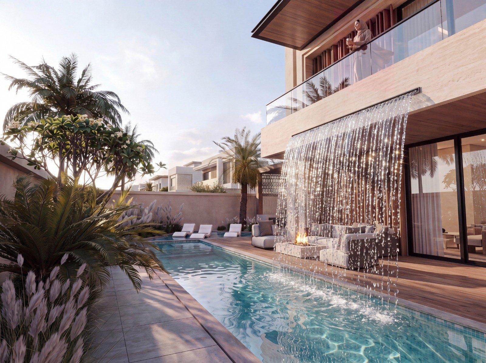 Contemporary Arabic villa concept, Dubai — pool court with waterfall spilling from the first-floor terrace (view 9)