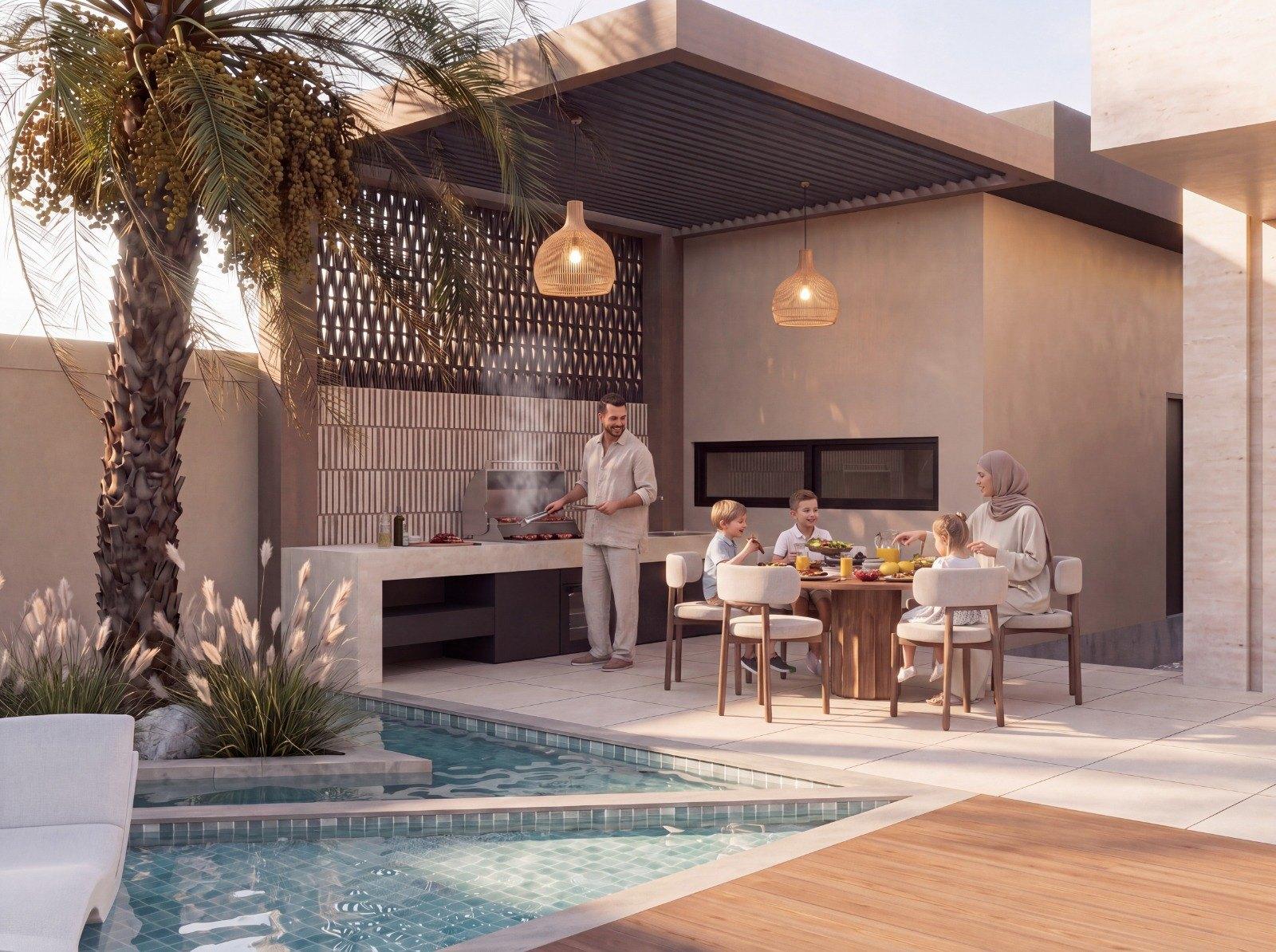 Contemporary Arabic villa concept, Dubai — shaded outdoor kitchen and family dining terrace (view 12)