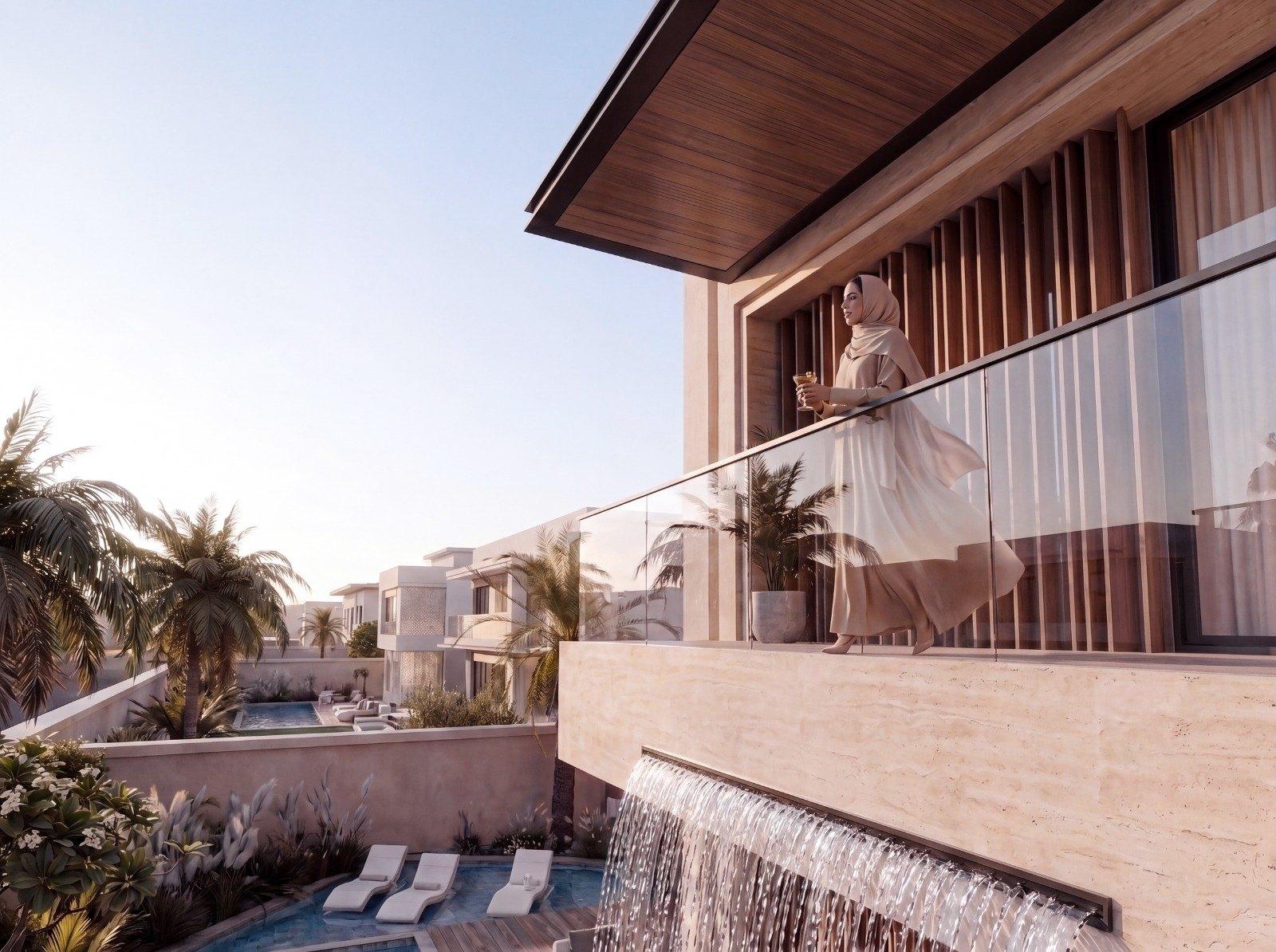 Contemporary Arabic villa concept, Dubai — first-floor balcony terrace overlooking the pool (view 13)