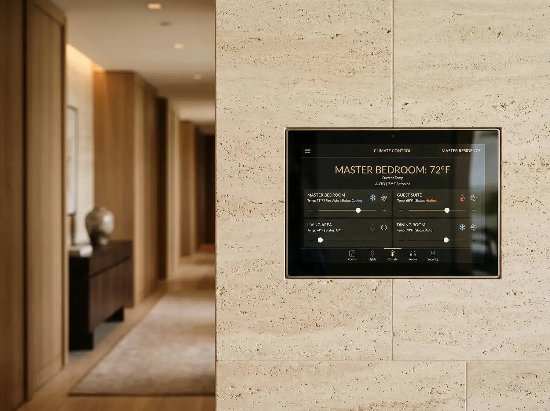 Wall-mounted smart-home touch panel controlling climate room by room in a residence