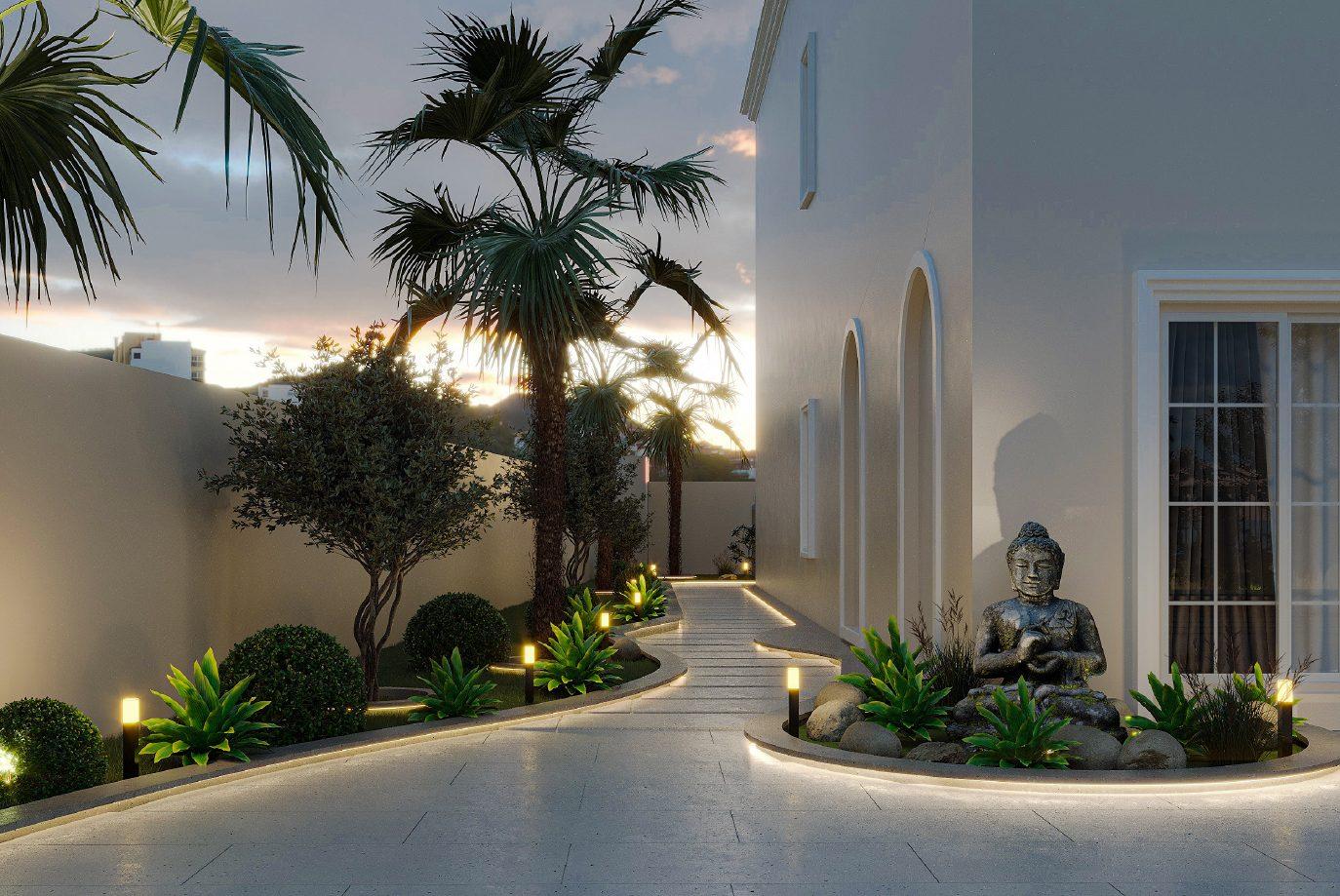Landscape design visualisation — lit garden walkway with palms, planting beds and a stone water feature beside a Dubai villa