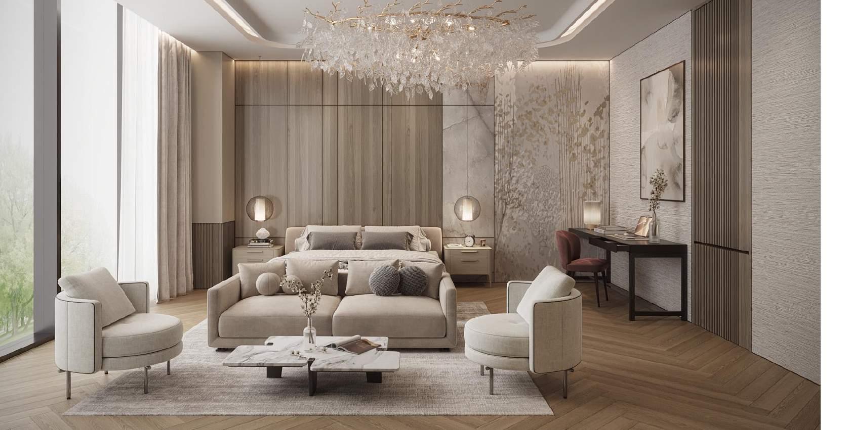 Open-plan living and dining interior of a private villa fit-out in Dubai by Vocus Design & Build