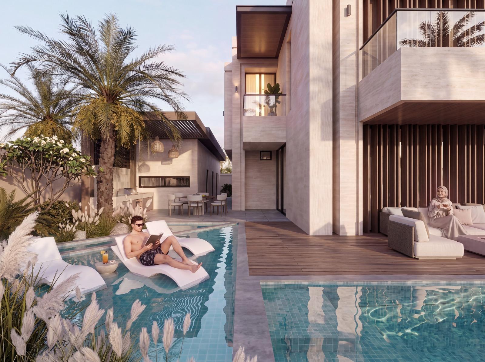 Contemporary villa concept in Dubai — pool terrace with in-water loungers, shaded outdoor kitchen and timber deck